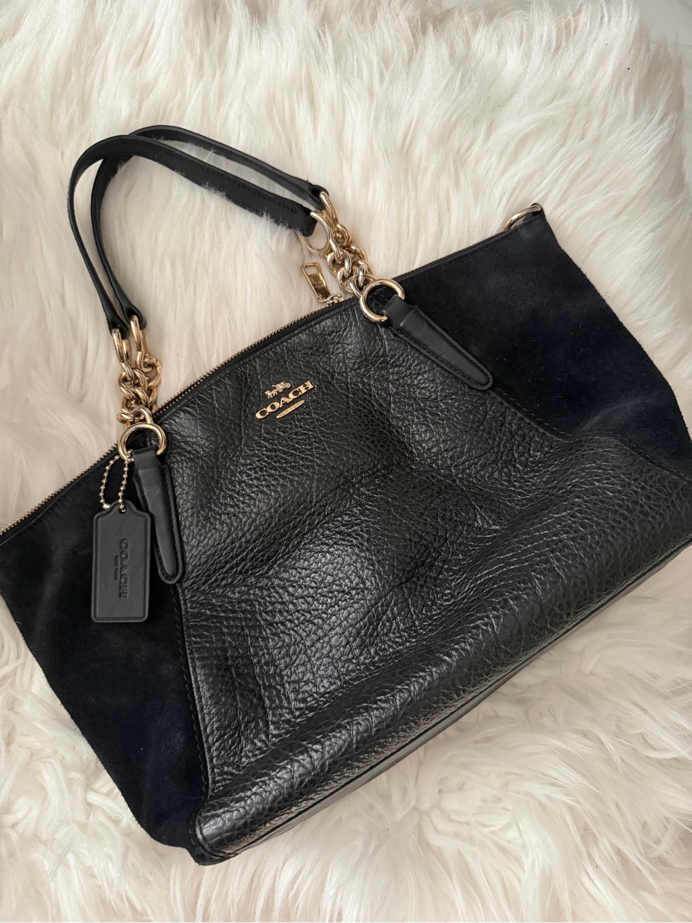 Coach Black Leather & Suede Shoulder Tote with Gold Hardware